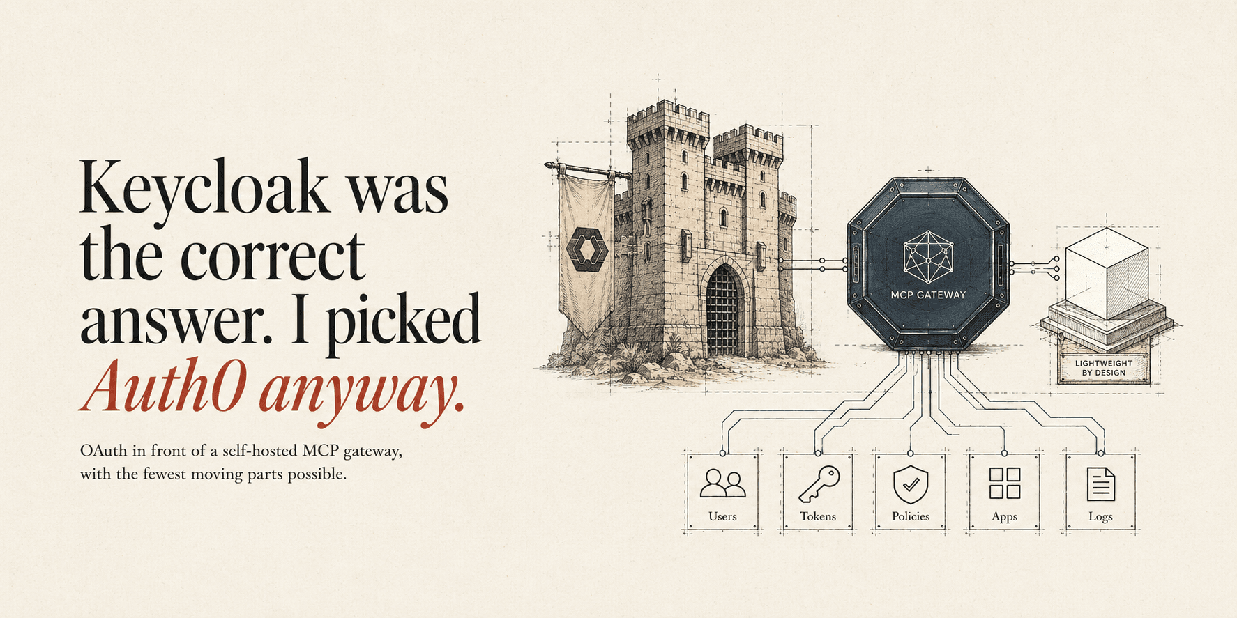 Editorial illustration: a stone fortress flying the Keycloak banner on the left, a self-hosted MCP gateway at the centre, and a lighter hosted service on a plinth to the right, with connections fanning down to tiles for users, tokens, policies, apps and logs.